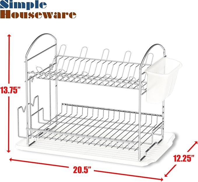 Simple Houseware 2-Tier Stainless Steel Dish Rack with Drainboard, Chrome for Kitchen