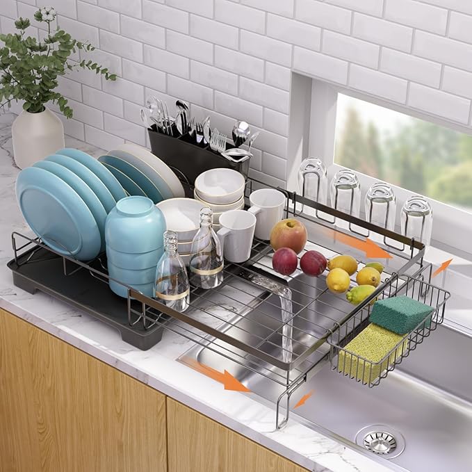 Dish Drying Rack,Extendable Dish Rack,Drying Rack with Automatic Drainboard，Dish Drainers for Kitchen Counter,Anti-Rust Dish Drainers with Cup Holders & Utensil,Black