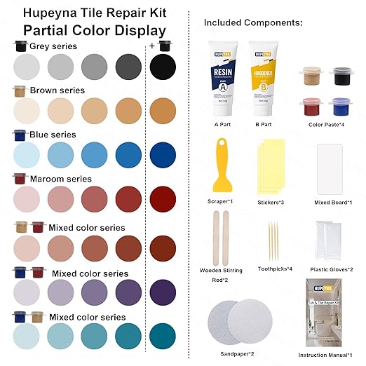Tub, Tile and Shower Repair Kit (Color Match), Hupeyna Porcelain Repair Kit, Bathtub Repair Kit for Chips Dents Cracks Holes Scratchs, etc. Fiberglass Repair Kit (More Color)