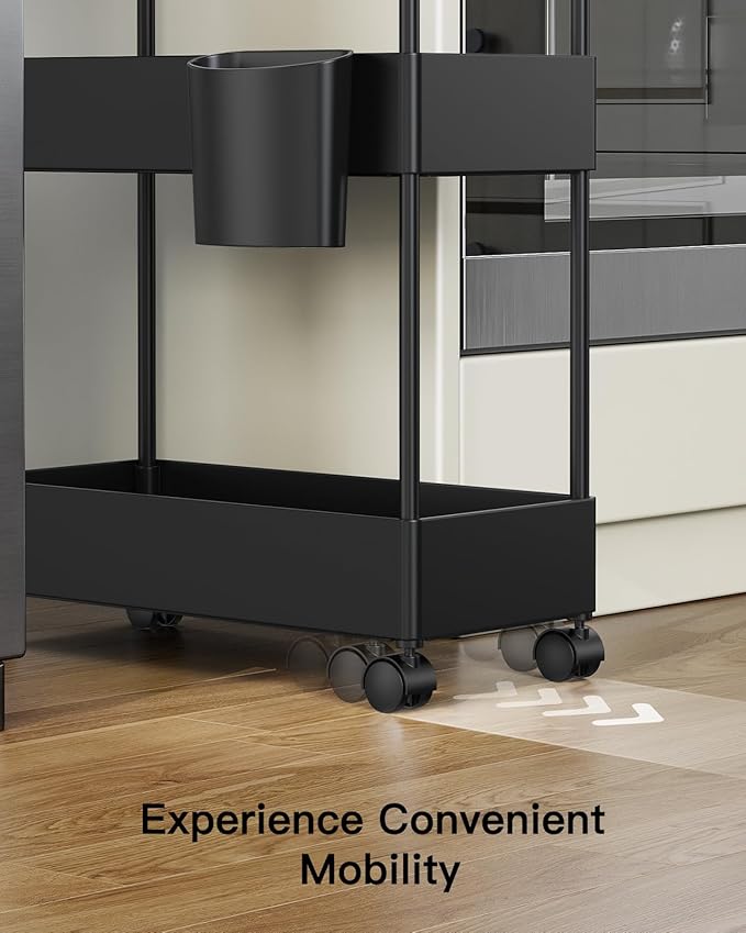 Pipishell Slim Storage Cart with Wheels - 3 Tier Bathroom Organizers and Storage Cart - Rolling Carts for Bathroom, Kitchen, Narrow Space, Laundry Room,Black