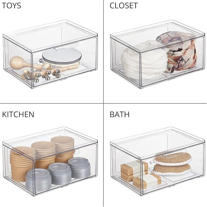 mDesign Plastic Wide Stackable Kitchen Storage Organizer Bin Containers with Front Pull Drawer for Cabinet, Pantry, Fridge, Freezer, Shelf, Refrigerator Organization, Lumiere Collection, 4 Pack, Clear