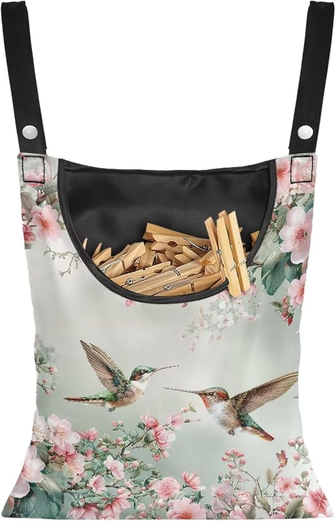 Hummingbird Clothespin Bags with Hanging Rope Space-Saving Clothespin Storage Organizer Waterproof Clothes Pin Holder for Clothesline Outdoor Rotatable Clothespin Storage Bag