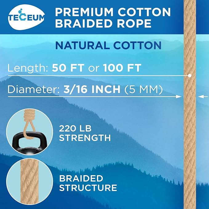 TECEUM Cotton Rope 3/16” (5 mm) – 100 FT – Strong All-Purpose Braided Rope – Natural Cotton – for Crafting, Сamping, Clothes Line, DIY, Indoor & Outdoor Use – Beige