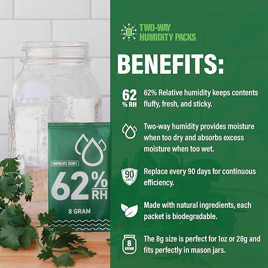 Humboldts Secret 62% Humidity Packs RH 2-Way | Moisture Absorber & Regulator for Small Containers | Relative Humidity Control Packets with Resealable Bag | 2 Way Humidity Control Packs | Pack of 10