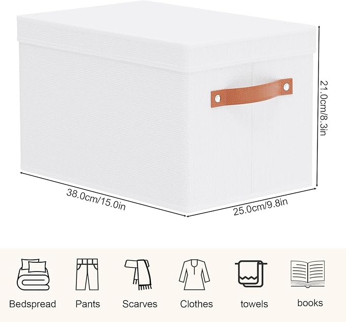 Fabric Storage Bins, Clothes Boxes for Shelves with Lids, Baskets for Organizing with Handles, Decorative Linen Closet Organizers, White, 1 Pack, 15 x 9.8 x 8.3 Inch
