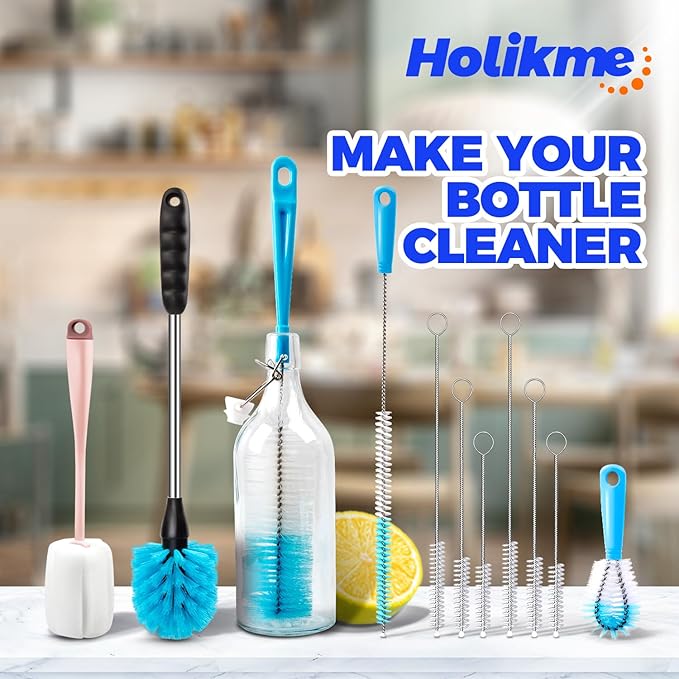 Holikme Bottle Brush Tube Cleaning Lab Set with Long Handle, Cup Cleaner for Washing Narrow Neck Beer Wine Decanter Pipes Lids Sinks Cap Covers, Pink