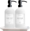 Vine Creations Glass Soap Dispenser, 2 Pack Kitchen Soap Dispenser Set with Ceramic Tray, Stainless Steel Pump, Dish Soap and Hand Soap Dispensers for Bathroom or Kitchen Decor with Waterproof Labels