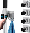 Mop Broom Holder No Drill, Mop Broom Organizer Wall Mounted Heavy Duty with Hooks Hanger, Self Adhesive Stainless Steel 4Pcs for Bathroom, Kitchen, Office (Multicolor)