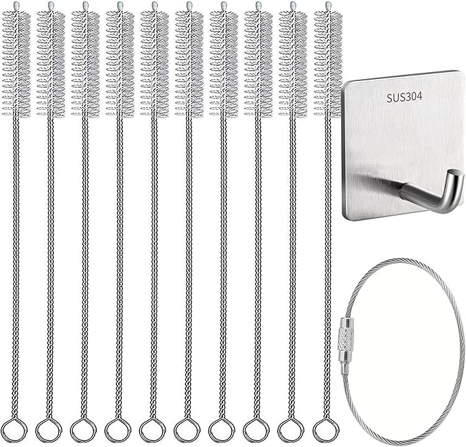 10Pack Straw Cleaner Brush- Long Stainless Steel Straw Brush for Cleaning Reusable Drinking Straws, Water Bottles and Pipes(9 * 0.4-inch)