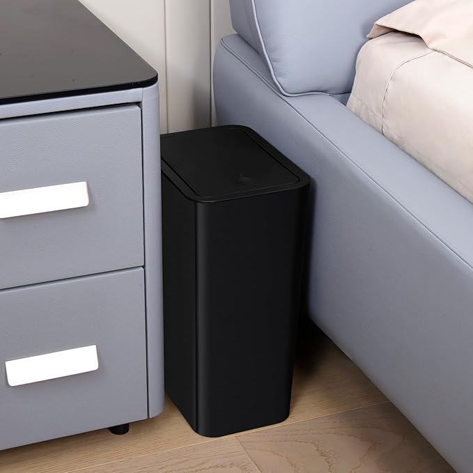 TIPGO Bathroom Trash Can with Lid, 10 Liter/ 2.6 Gallon Slim Garbage Can, Small Trash Bin Waste Basket with Pop-Up Lid for Kitchen, Bedroom, Living Room, Office (2 Pack, Black)