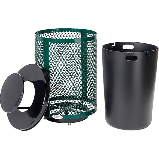 Global Industrial Outdoor Diamond Steel Trash Can with Rain Bonnet Lid, Raised Base and Plastic Liner, 36 Gallon Capacity, Green, Thermoplastic Coating, 23-1/2" Diameter, 43-1/2"H