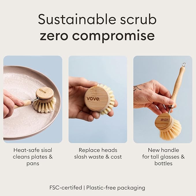 Vove Dish Brush Bundle - FSC-Certified Bamboo Dish Brush & Scrub Brush, 3 Replacement Heads - Natural Fiber Bristles - Non-Toxic, Plastic-Free Kitchen Set