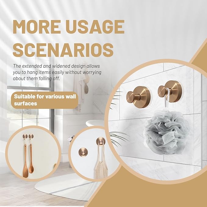 4pcs Suction Cup Hooks for Shower,Shower Towel Suction Hooks,No Drill Towel Hooks for Bathroom Wall,Kitchen,Glass,Mirror,Tile to Hang Towels,Robes,Loofah (Rose Gold)