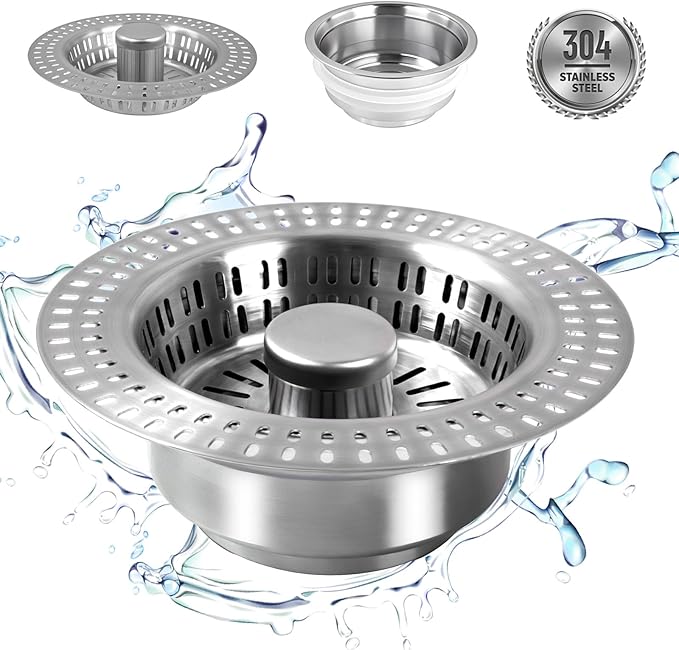 3 in 1 Kitchen Sink Drain Strainer Stopper, Stainless Steel Pop Up Sink Stopper with Anti-Clogging Basket Strainer Width 3.07" Height 1.77 for Deep Sink (Silver)