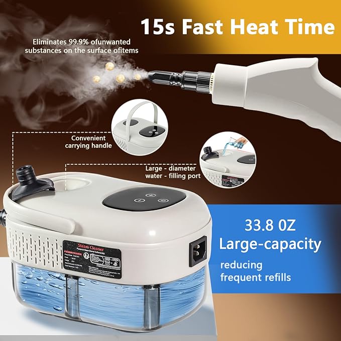 Handheld Steam Cleaner, 1000ml Water Tank, 15S Heat-up Time, Multipurpose Steamer for Home Use, Pressurized Steamer for Cleaning Floor, Upholstery, Grout and Car White