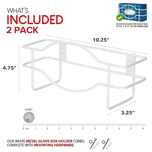 Stock Your Home (White Metal Single Gloves Dispenser (2 Pack) Tissue Box Shelf, Glove Box Holder Wall Mount, For Kitchen, Cleaning Closet, Lab, Exam, Office