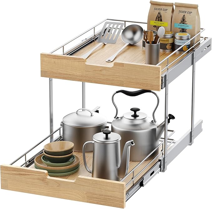 Pull Out Cabinet Organizer,Heavy-Duty Slide Out Shelf, Wood and Wire Basket, Pull Out Drawer for for Kitchen Under Sink Space, Pantry, Bathroom, 2 Tie 17 * 21 in