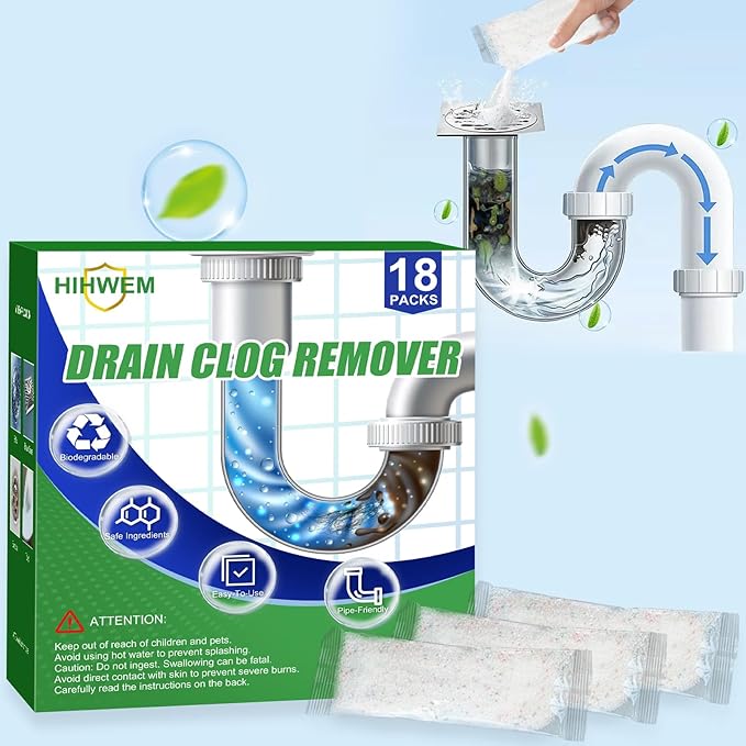 Drain Clog Remover Powder Sink Drain Cleaner for Hair and Grease, 18-Packs Heavy-Duty Powerful Kitchen Sink and Shower Unclogger, Pipe-Safe