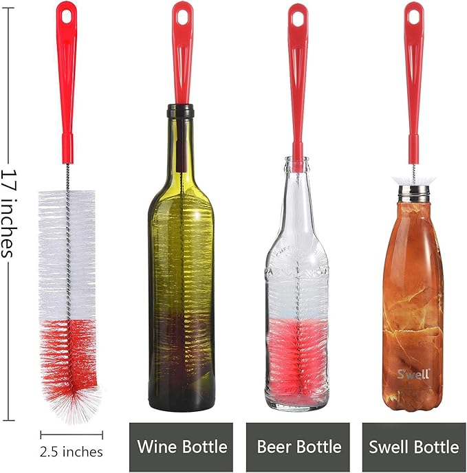ALINK 5-Pack Red Bottle Brush Cleaner Set - Long Large Cleaing Brush for Narrow Neck Wine/Beer Bottles/ Flask/ Thermos/ Hummingbird Feeder/ Sport Well, Spout/Lid Brush, Straw Brush
