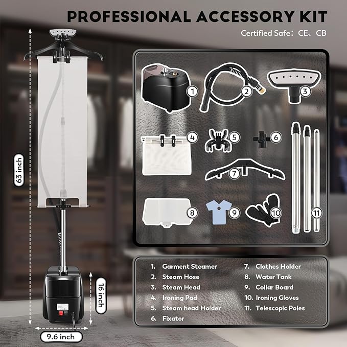 CGOLDENWALL Commercial Standing Garment Steamer for Clothes 1500w Continuous 70 mins Powerful Steam, 30s Fast Heat-up, Includes Fabric brush, Ironing pad, Gloves,Trouser Clips