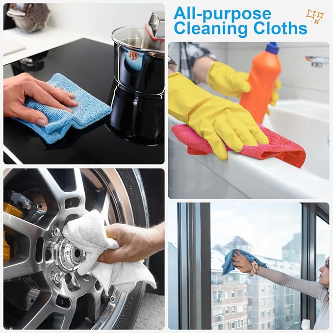 Microfiber Cleaning Cloth, 50 Sheets Shop Towels Commercial Grade Washcloths Lint-Free Clean Rags Bulk Towels for Cars Mechanic Restaurant Garage Housekeeping, 11.5"x 11.5", Blue