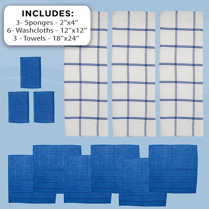 Don Aslett's 12 Piece Microfiber Kitchen Set | 6 Multi-Purpose Wash Cloths, 3 Super Absorbent Kitchen Towels, 3 Scratch-Free Sponges | Lint Free | Green