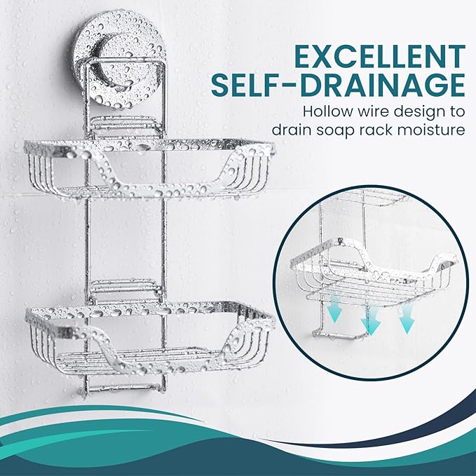TAILI Double Layer Soap Dish Holder, Bar Soap Tray Suction Cup for Shower Wall, Draining for Bathroom, Rustproof Stainless Steel Sponge Holder for Tub, Kitchen, Drill-Free, Silver