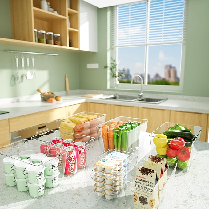 BALEINE Clear Plastic Storage Bins, Pantry Organization, BPA Free Stackable Refrigerator Organizers and Storage with Handles for Kitchen Fridge Cabinet Bathroom (4PK, 13x7.4x6.2)