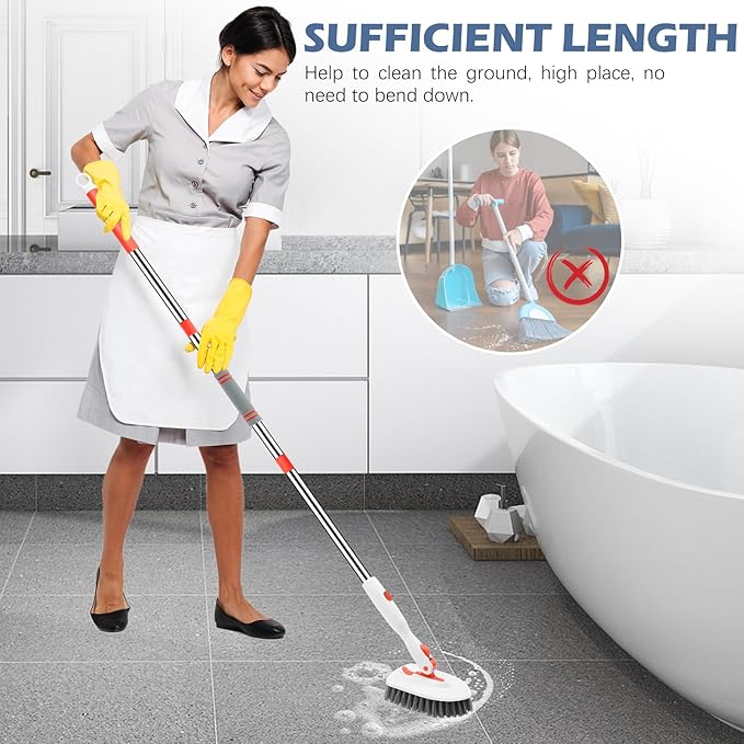 SetSail 4-in-1 Tile Tub Floor Scrubber with 52-inch Adjustable Long Handle Shower Cleaner Brush with V-Shaped Grout Brush and 3 Replacement Brush Heads for Cleaning Bathroom Kitchen Walls Tub Tile