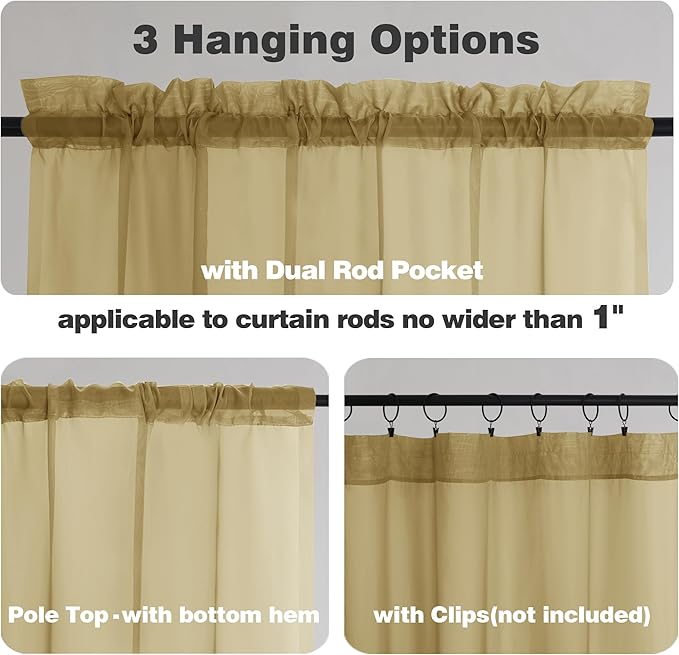 Chyhomenyc Gold Sheer Curtains 78 Inches Long 2 Panels Set for Living Room, Light Filtering Voile Lightweight Bedroom Curtains, Rod Pocket Solid Window Treatment Drapes, Each 42W x 78L