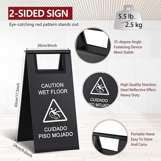 Kigley 2 Pcs Wet Floor Sign, 17 Inch Stainless Steel Caution Wet Floor Sign Double Sided Portable Foldable Bilingual Safety Warning for Hotel Market Restroom Restaurant Office (Black)