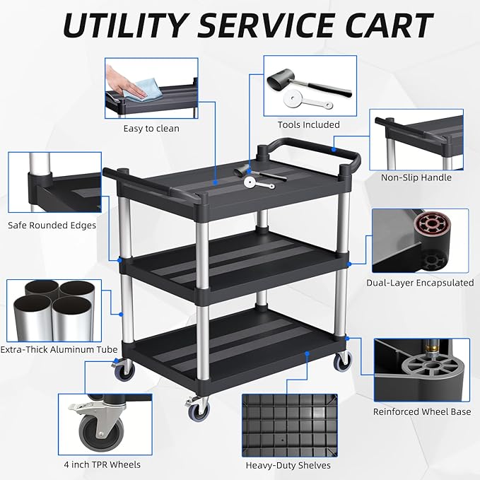 Plastic Utility Carts with Wheels, 3-Tier Rolling Service Cart, 300 lbs Heavy Duty Capacity with 4 inch Silent Casters(2 Lockable), for Home, Office, Restaurant, Warehouse.31.5"× 16" × 38"