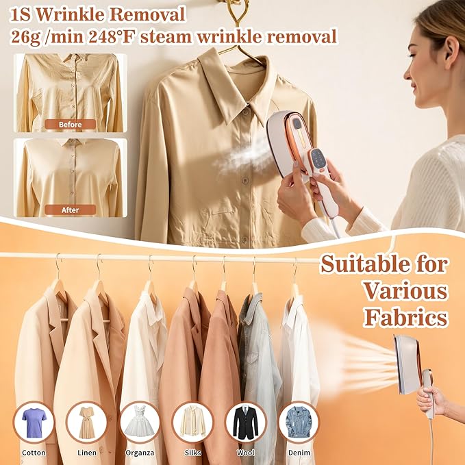 Handheld Garment Steamer 1500W – Large Ironing Panel, 20s Fast Heat-Up, 17 Steam Vents, 8 Fabric Modes & 260mL Water Tank for Home, Travel & Business