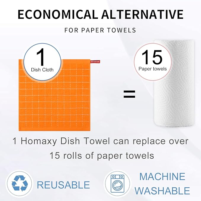 Homaxy 100% Cotton Terry Kitchen Dish Cloths, Ultra Soft and Absorbent Dish Towels for Kitchen, Perfect for Drying and Washing Dishes, 12 Pack, 12 x 12 Inches, Orange