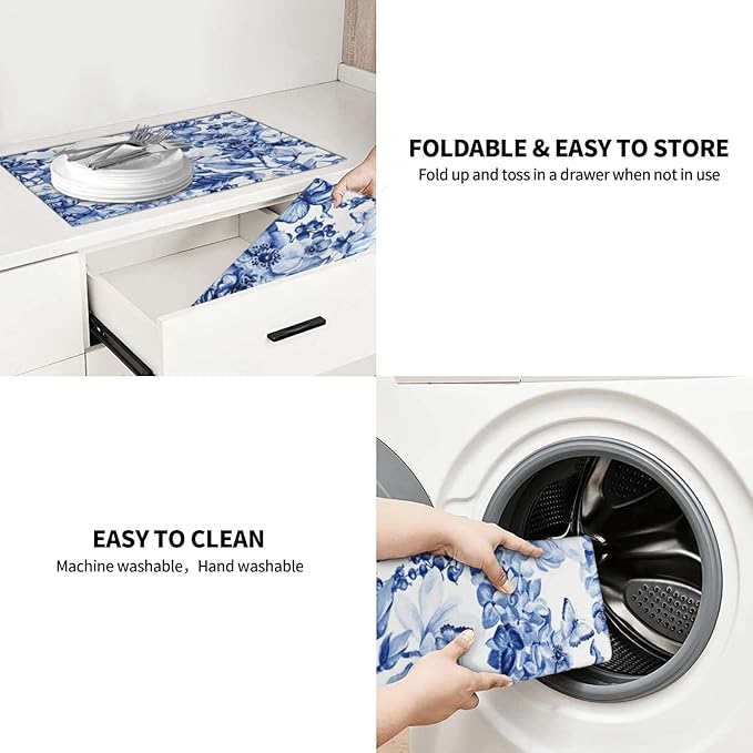Chinoiserie Blue And White Floral Butterfly Dish Drying Mats For Kitchen Counter Microfiber Absorbent dish Mat Xl Reversible Drying Mats For Countertop 18 Inch X 24 Inch