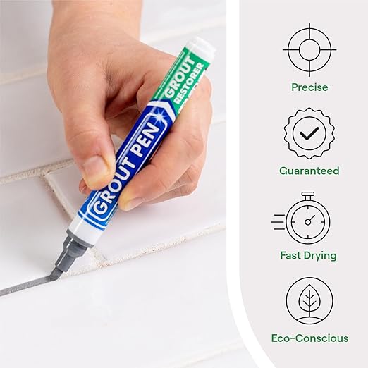 Grout Pen Grey Tile Paint Marker: Waterproof Grout Paint, Tile Grout Colorant and Sealer Pen - Narrow 5mm, 2 Pack with Extra Tips (7mL) - Grey