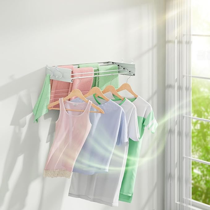 Wall Mounted Clothes Drying Rack for Laundry 23.6", Folding Clothes Drying Rack with 4 Towel Hooks and 4 Rods for Hanging Coat Dedicates, Space Saving for Bedroom Bathroom Balcony Living Room (23.6'')