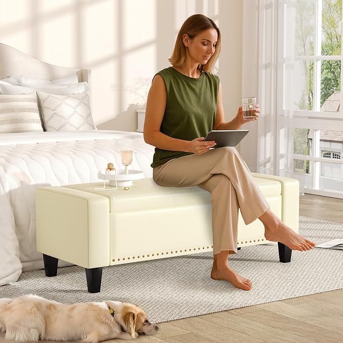 48.8" Storage Ottoman Bench Cream White | Faux Leather Bedroom Bench with Lift Top for Living Room & Bed End