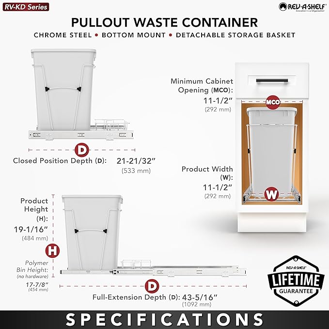 Rev-A-Shelf Pullout Trash Can for Kitchen Cabinets 35 Qt Garbage Waste Recycling Bin with Full Extension Slides, Orion Gray, RV-12KD-13C-S