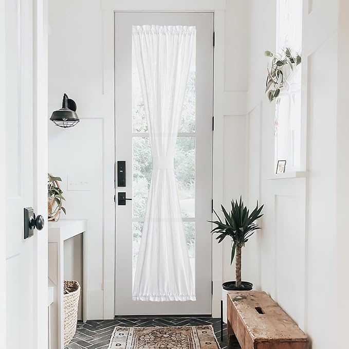 NICETOWN Sidelight French Door Panel, Linen Textured Look Translucent Privacy Side Light Sheer Front Door Curtain Including Tieback, 30 inches Wide x 72 inches Long, White
