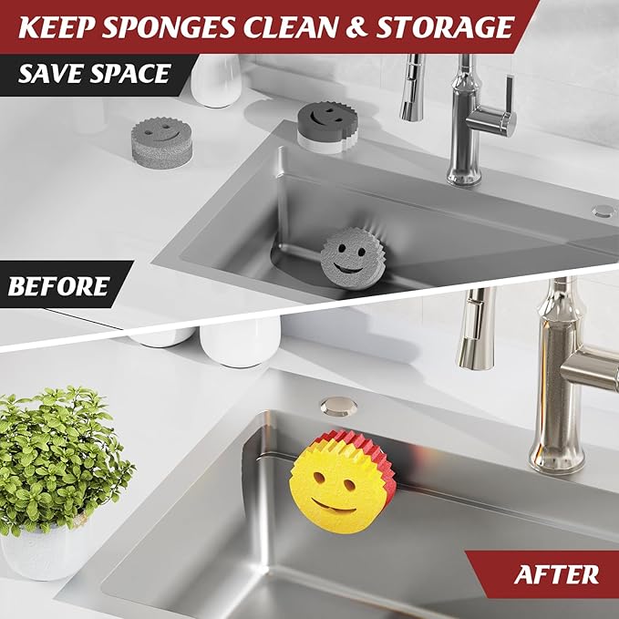 Sponge Holder for Kitchen Sink,Sink Caddy Organizer with Suction Cup Installation for Kitchen/Bathroom, Self Draining,Sponge Caddy for Holding Smiley Sponges-Black