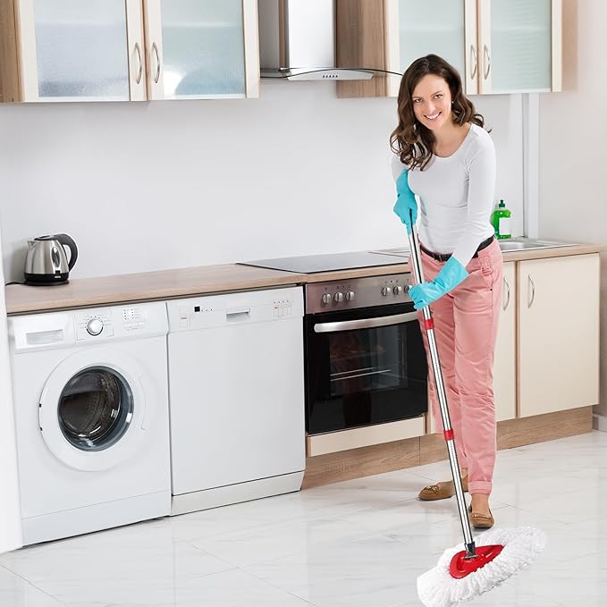 Spin Mop Replacement Head Mop Replace Head Compatible with O Cedar EasyWring Spin Mop - 4 O-Ceda Mop Refills、30-58in Mop Handle and 1 Mop Base and 1 Mop Base Scrub Brush Combo Set