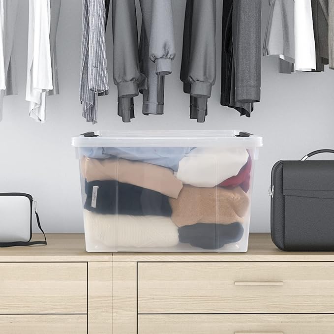 4 Pack Clear Storage Latch Bin with Lid, 34 L Plastic Wheeled Storage Box