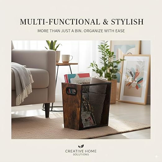 Piskyet Rustic Office Trash Can for Near Desk,7 Gallon Unique Wood Bedroom Garbage Can,Vintage Wastebasket with Handle, Decorative Trash Can for Home Office,12.2" L x 9.6" W x 14.9" H,Rustic Brown