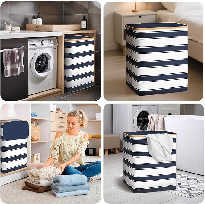 BALEINE Laundry Hamper with Lid, Tall Laundry Baskets with Bamboo Pull Handles, Large Laundry Bin with Internal Support (26 Gal/100L, Blue Stripe)