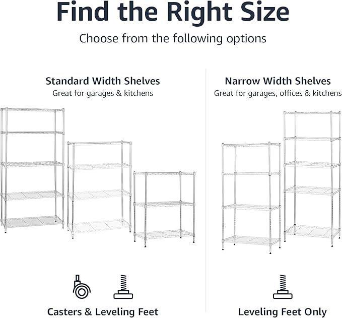 Amazon Basics 4-Shelf Adjustable Heavy Duty Steel Wire Rack Storage Shelving Organizer for Kitchen, Garage, 36" L x 14" W x 54" H, Chrome Silver