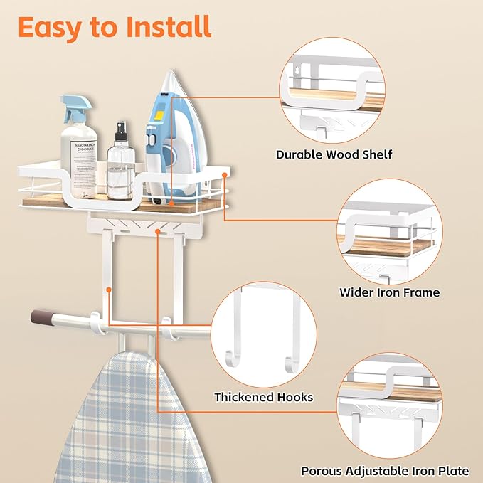 Ironing Board Holder Wall Mount, Laundry Room Organization Storage, White, T&V Shaped Space Saving Ironing Board Hanger for Laundry Room Decor and Accessories
