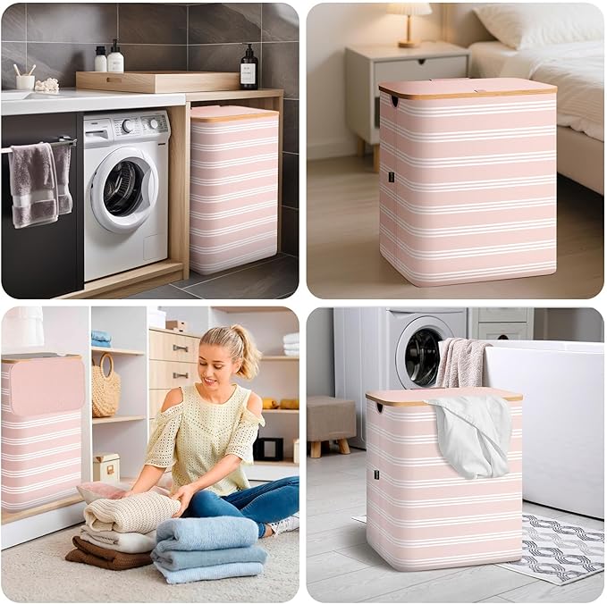 BALEINE Laundry Hamper with Lid, Tall Laundry Baskets with Bamboo Pull Handles, Large Laundry Bin with Internal Support (26 Gal/100L, Pink Pinstripe)