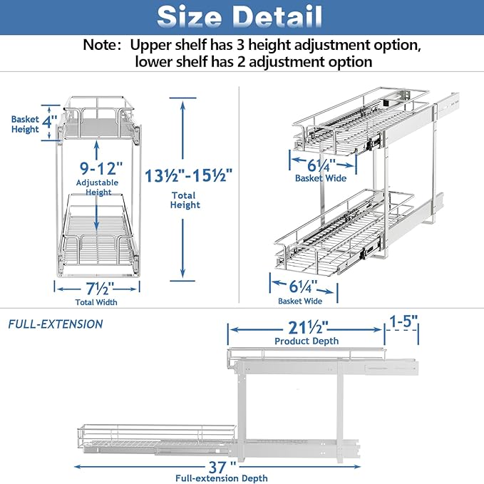 LOVMOR 2 Tier Individual Pull Out Cabinet Organizer 7½" W x 21½" D, Slide Out Kitchen Cabinet Storage Sliding Shelves
