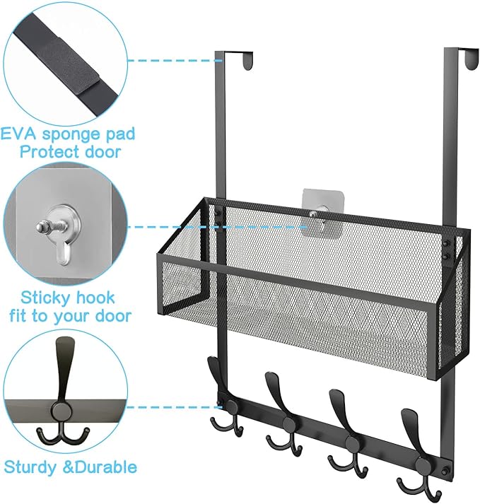 Over The Door Hooks Organizer, Coat Rack Over The Door Storage Hanger Towel Rack, Back of Door Storage Organizer for Bathroom,Bedroom,Kitchen,Office (Black 2-Tier)